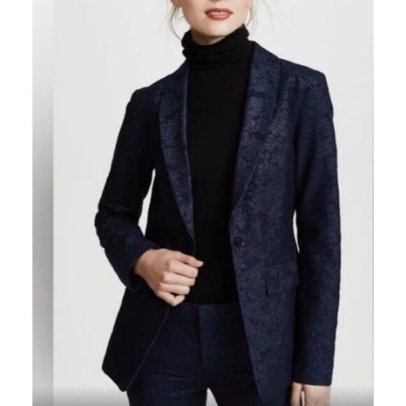 J Brand Layla Blazer Jacket Womens Small Navy Floral Jacquard Metallic Holiday - Picture 13 of 14